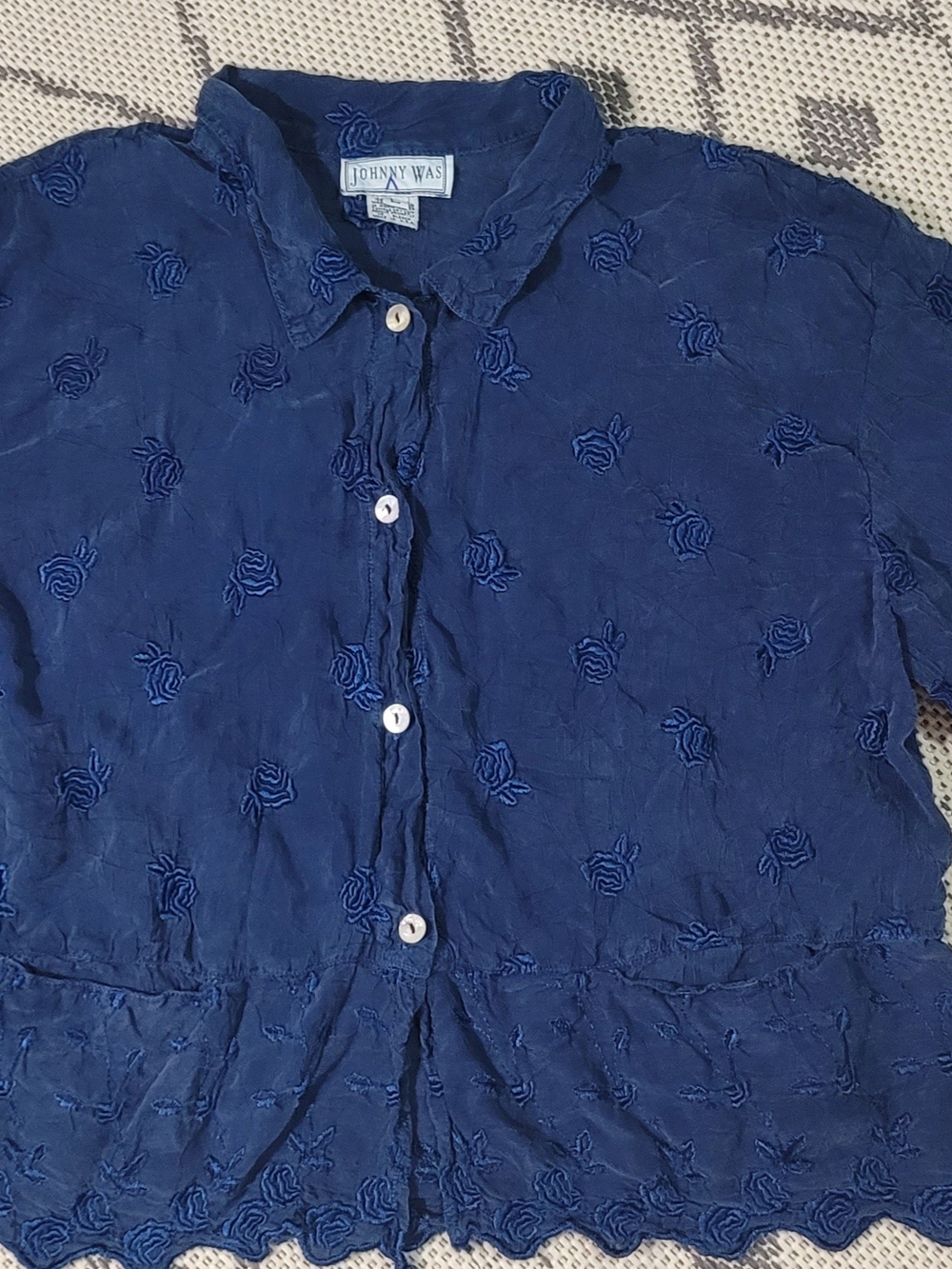 Johnny Was Deep Navy Embroidered Button-Down Blouse